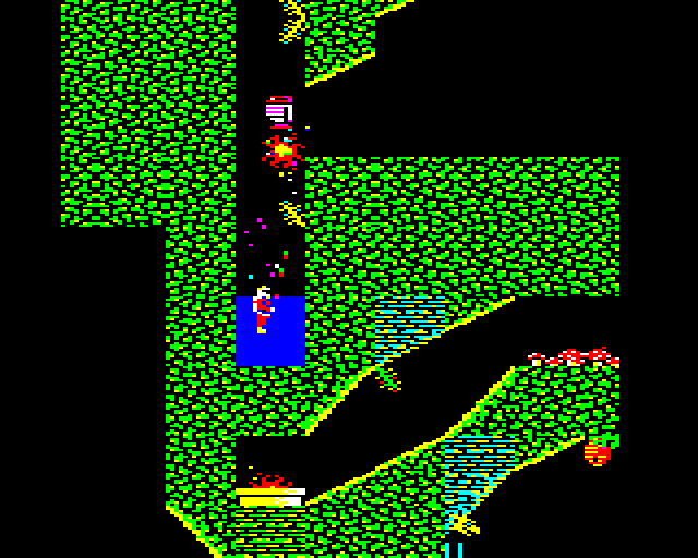 Exile screenshot, BBC Micro, Taking a bath with my friend the red robot.