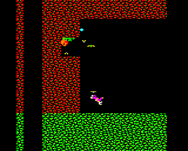 Exile screenshot, BBC Micro, The Hamlet cave is full of bees.