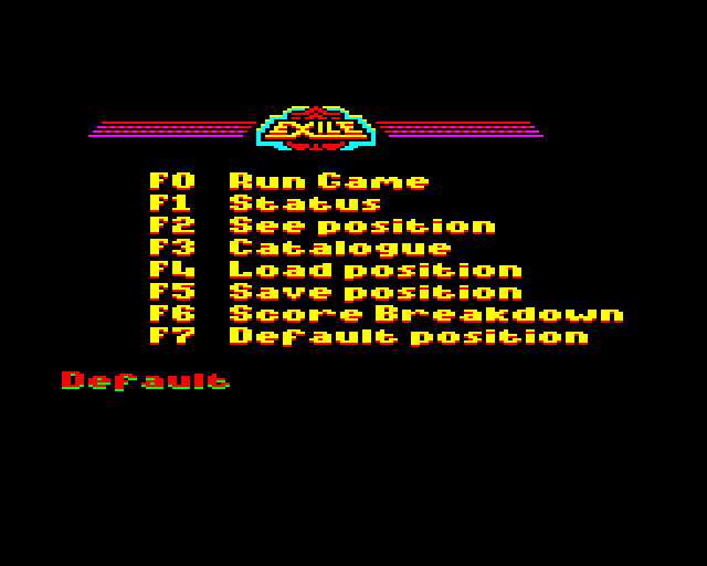 Exile screenshot, BBC Micro, Menu.