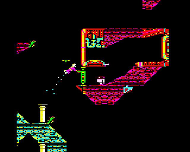 Exile screenshot, BBC Micro, A red robot guarding the gun.
