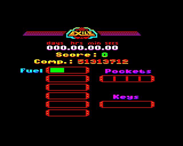 Exile screenshot, BBC Micro, Status.