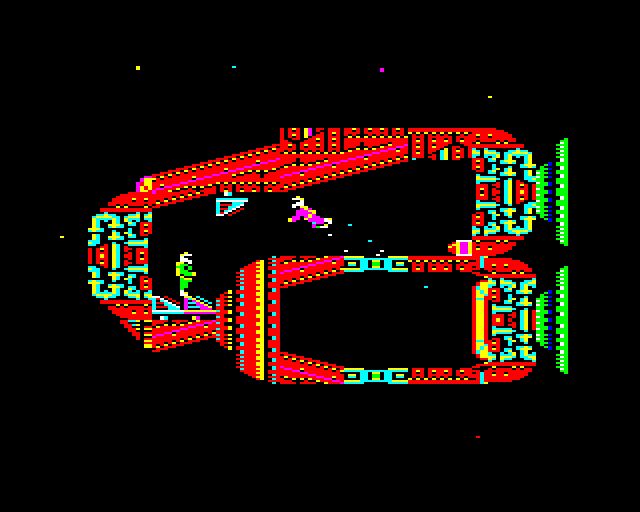 Exile screenshot, BBC Micro, Triax steals the destinator aboard Perseus.